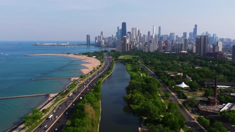 Establishing Drone Shot Above Lake Michigan North Avenue Beach Chicago. Summer