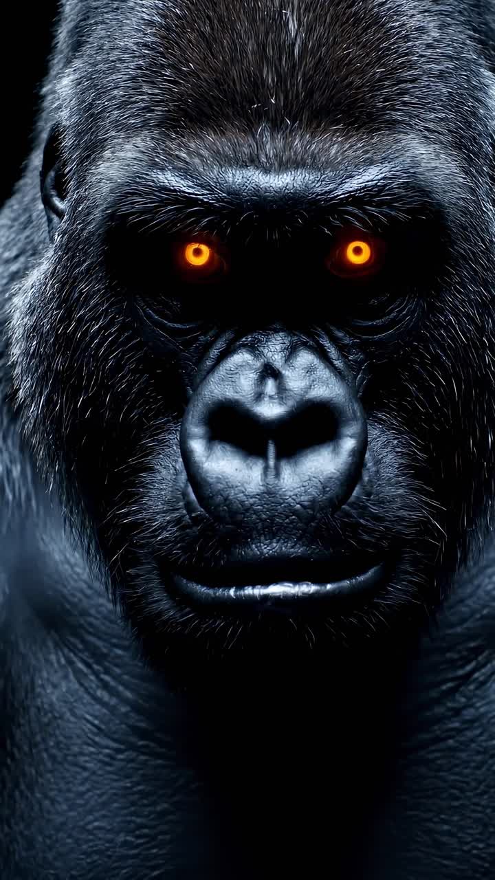 Primo piano di un gorilla con occhi luminosi, ripreso da un'angolazione bassa, che crea un drammatico effetto video.