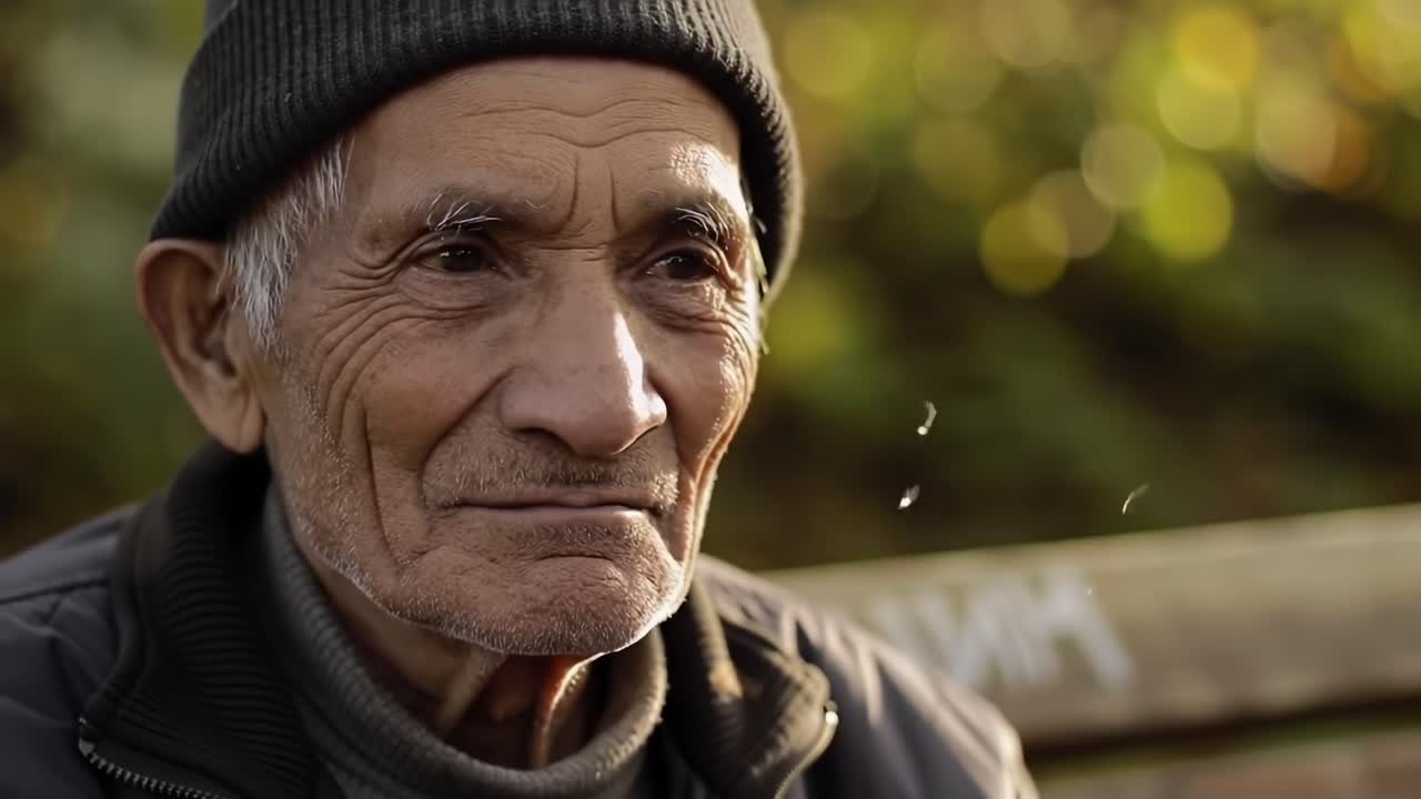 A Thoughtful Elderly Man Enjoys a Moment of Reflection in Nature, Surrounded by Soft Light and Gentle Breezes, Capturing the Essence of a Peaceful Life Experience