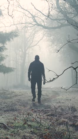 man walking through a foggy forest