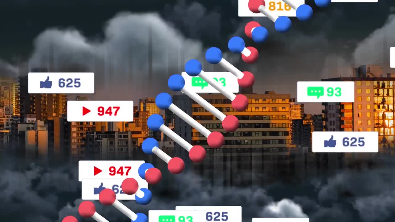 소셜 미디어 아이콘에 대한 dna 구조 여러 음성 거품에 대한 도시 풍경에 대한 어두운 구름에 대한