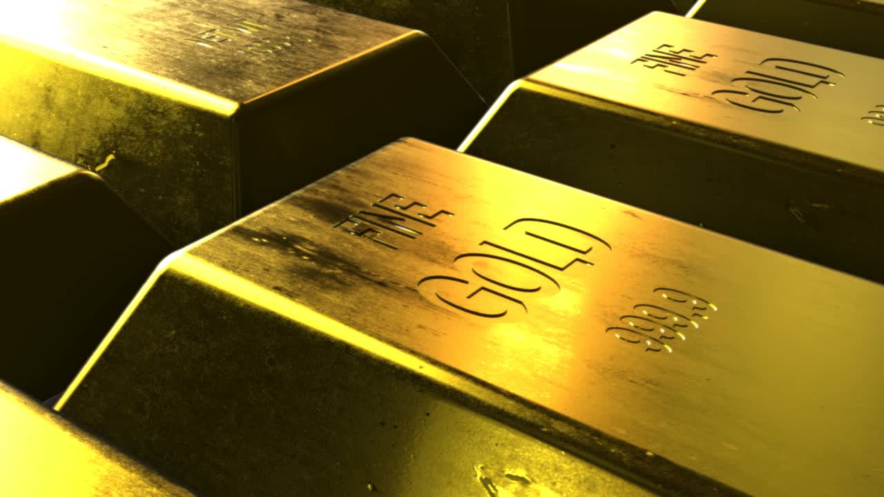 lingotes de oro realistas colocados en filas con reflejos brillantes bucle sin costuras animación 3d de barras de oro