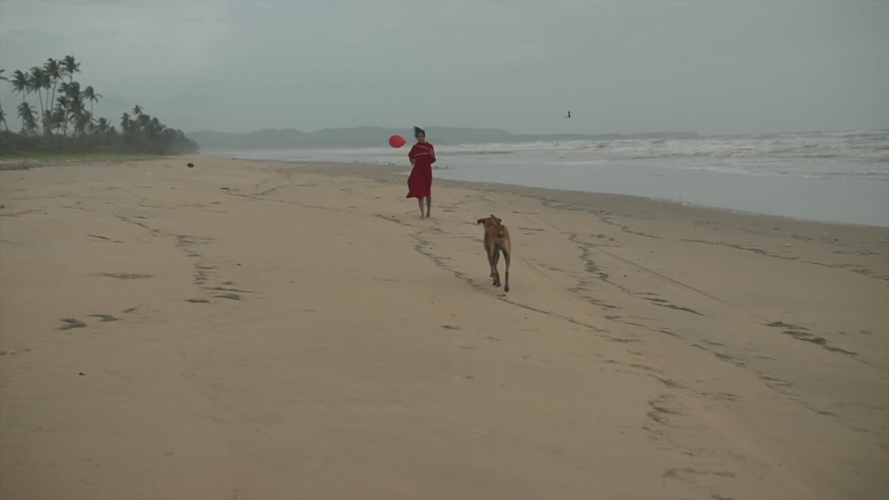toma cinematográfica de una modelo de moda india corriendo en una playa de arena con un vestido rojo y un globo rojo en la mano mientras un perro camina detrás de ella en goa, india