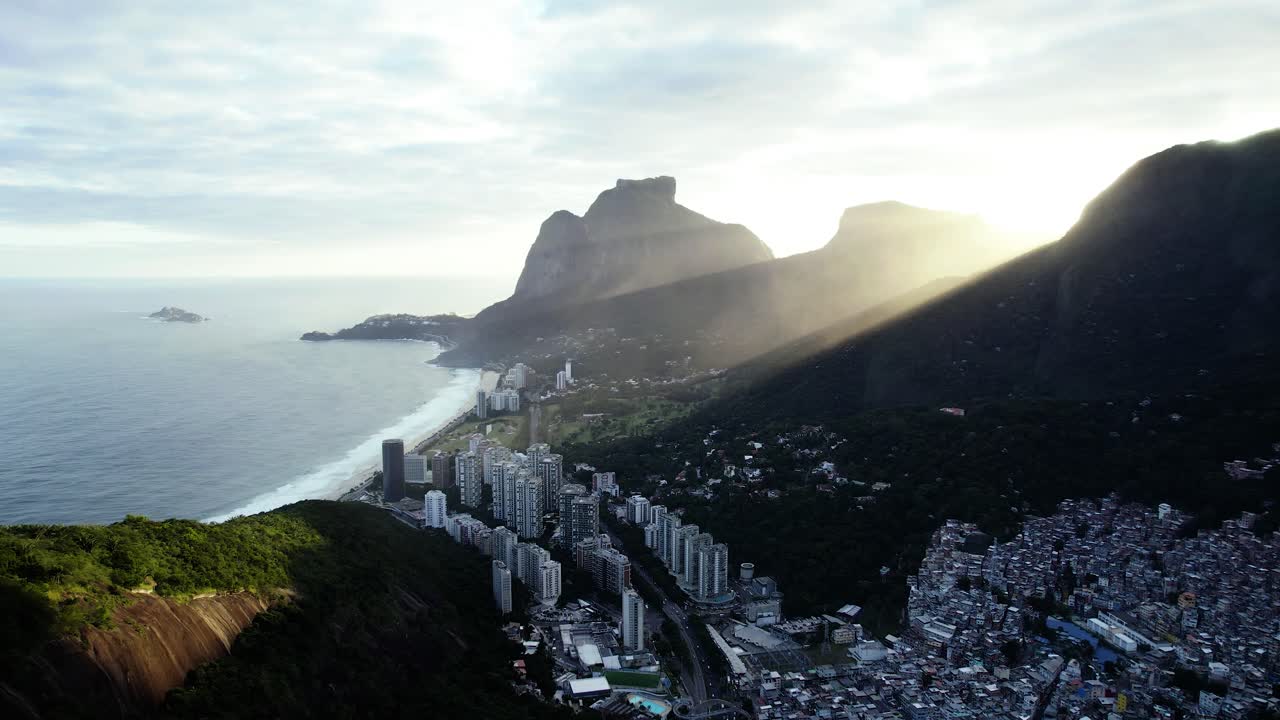 Aerial overview of the S&atilde;o Conrado area from the Don Irmaos mountain, sunset in Rio de Janeiro, Brazil