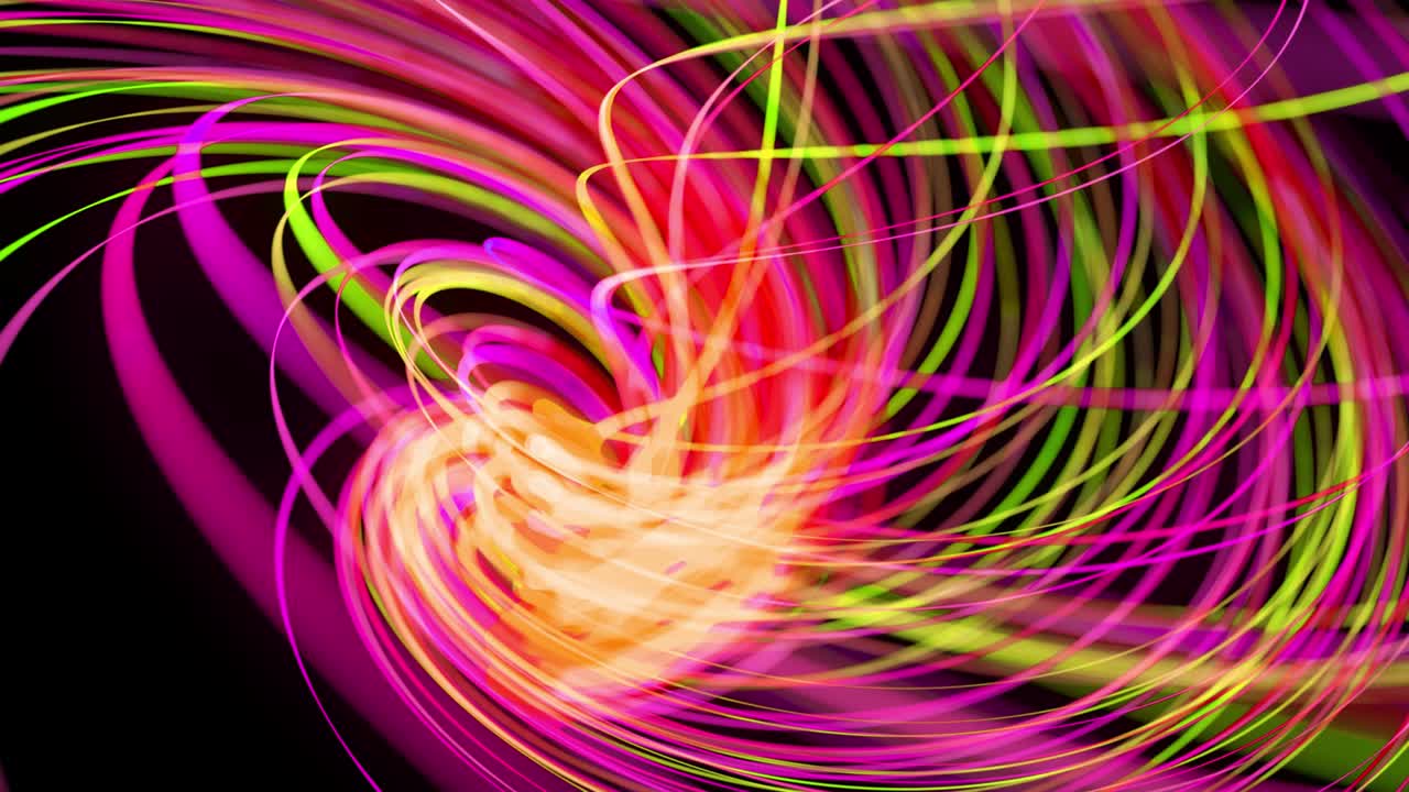 Light flow bg in 4k. Abstract looped background with light trails, stream of green red yellow neon lines in space move to form spiral shapes. Modern trendy motion design background light effect