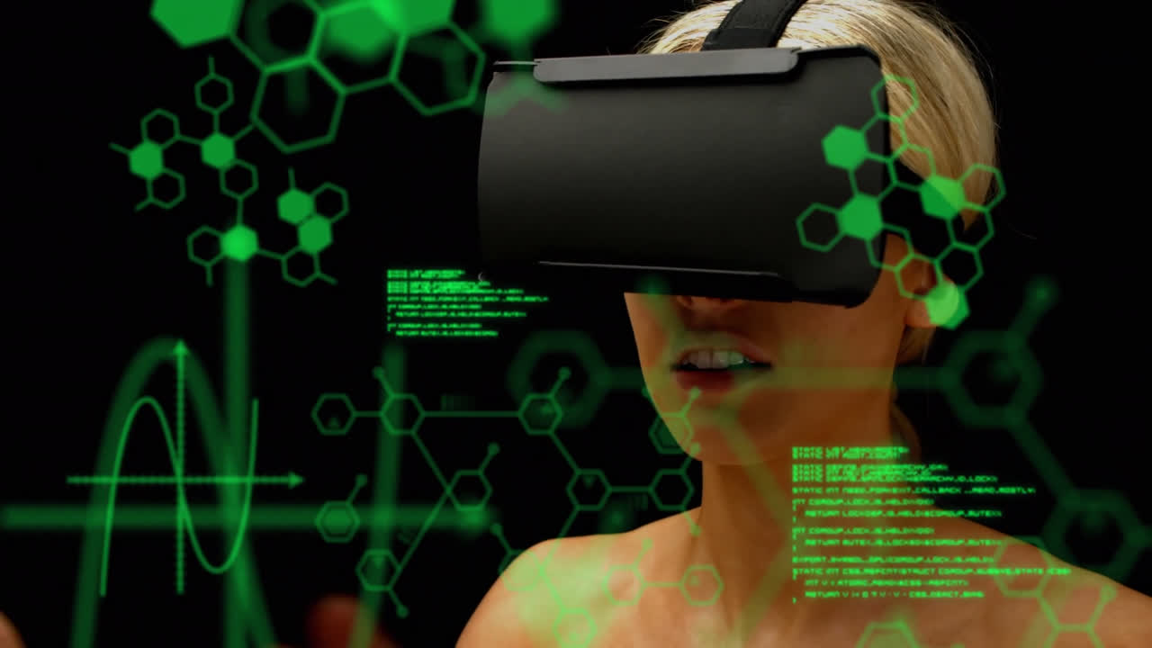 datos científicos con una mujer usando auriculares vr en el fondo