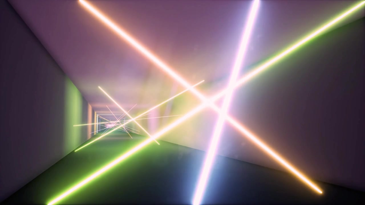 Raggi laser neon dinamici che si incrociano in un tunnel futuristico.