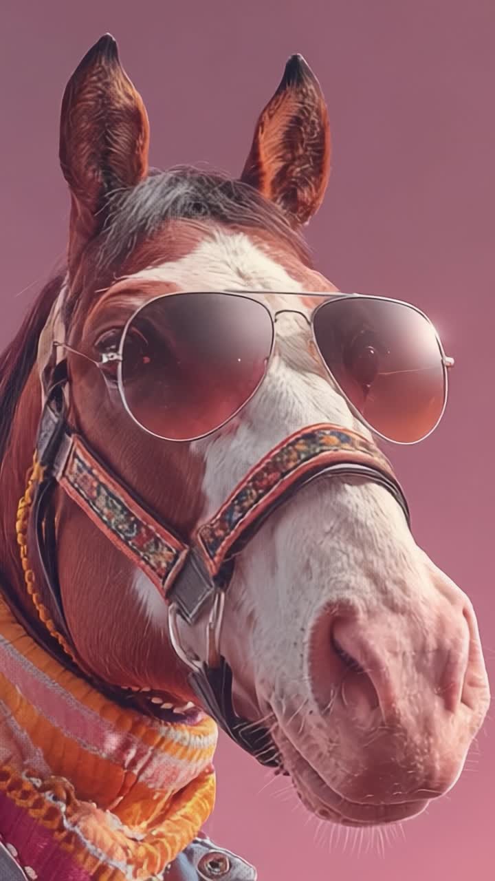 Um Cavalo Estiloso Usando Óculos de Sol e um Cachecol Vibrante Contra um Fundo Rosa Suave, Exibindo Moda Equestre Única e um Caráter Adorável