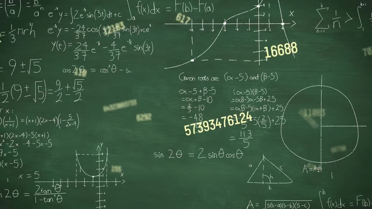 어두운 배경에 움직이는 수학 수식의 애니메이션