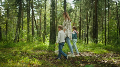 side view of woman taking children on walk through forest trail as sunlight gently streams through trees, casting warm glow on grassy ground while family strolls through green woodland path