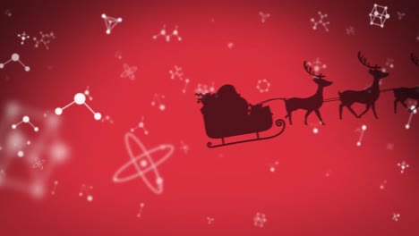 Molecular-structures-floating-over-santa-claus-in-sleigh-being-pulled-by-reindeers-on-red-background