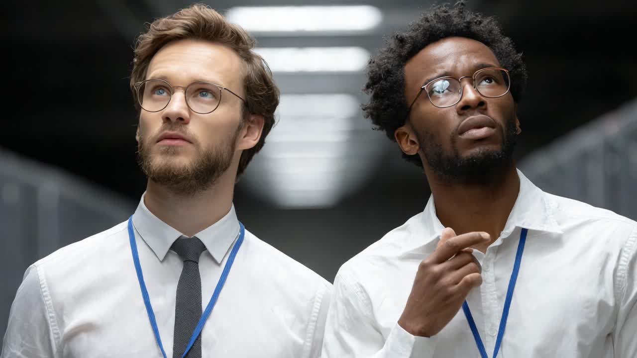Two Professionals Analyzing Data in a High-Tech Environment, Engaged in Deep Thought and Collaboration, Exploring Innovative Solutions Together