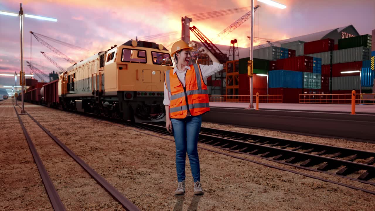 Full Body Of Asian Female Engineer With Safety Helmet Flexing Her Bicep And Smiling To Camera With Freight Cargo Train At Port