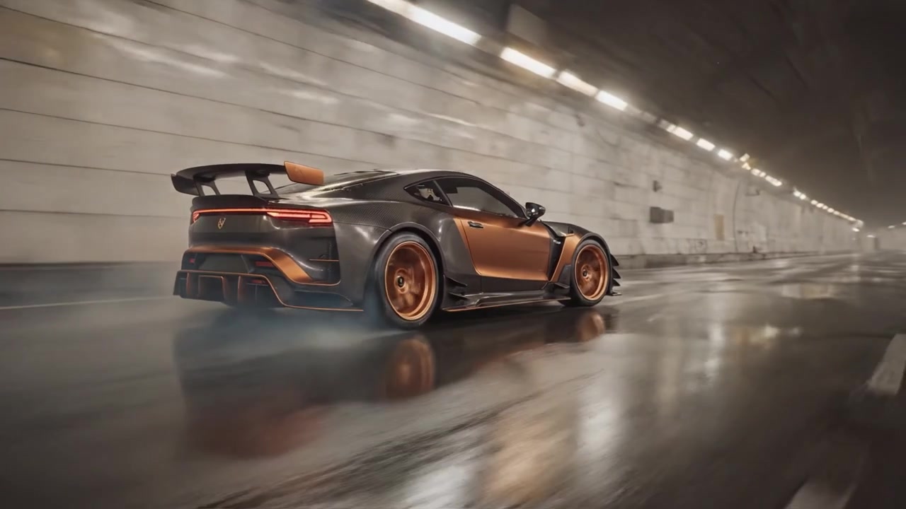 Prestazioni Aerodinamiche: Un'Auto Sportiva Moderna Sfreccia Attraverso un Tunnel Urbano Riflettendo Luci e Movimento in una Spettacolare Dimostrazione di Ingegneria e Design Automobilistico