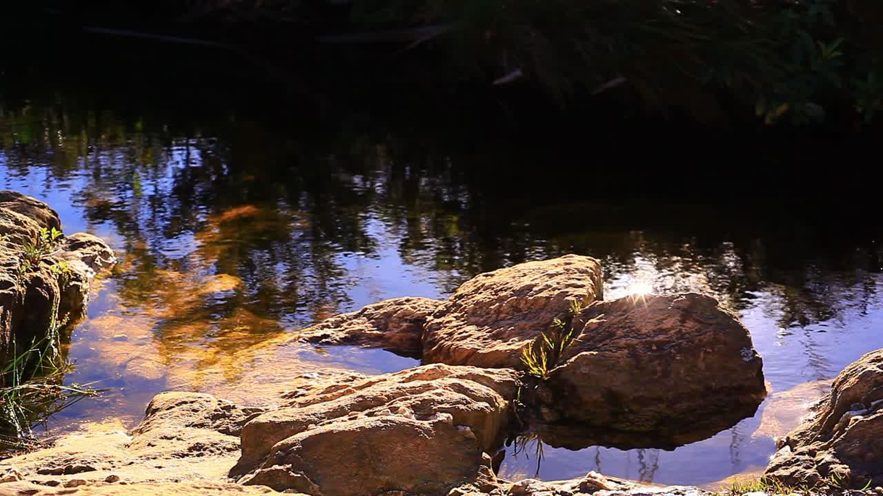 hermoso lago tranquilo con el sol reflejándose en la superficie y formando ondas alrededor de las rocas