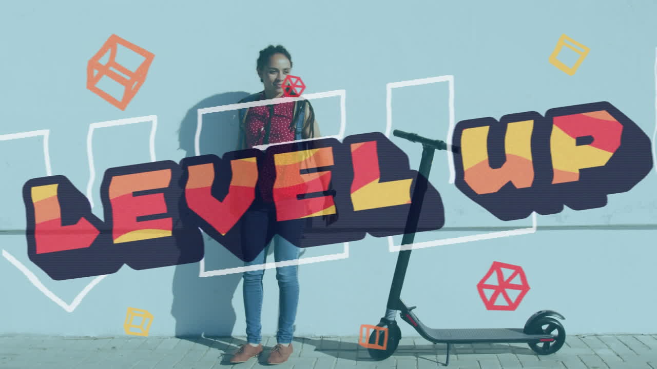 푸른 벽에 맞서 서 있는 스쿠터를 가진 아프리카계 미국인 여성에 대한 텍스트 수준