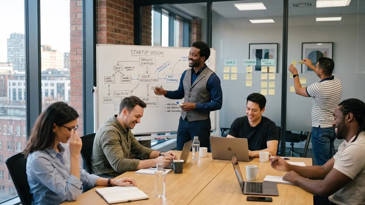 Diverse Business Team Collaborating on Startup Strategy in Modern Office