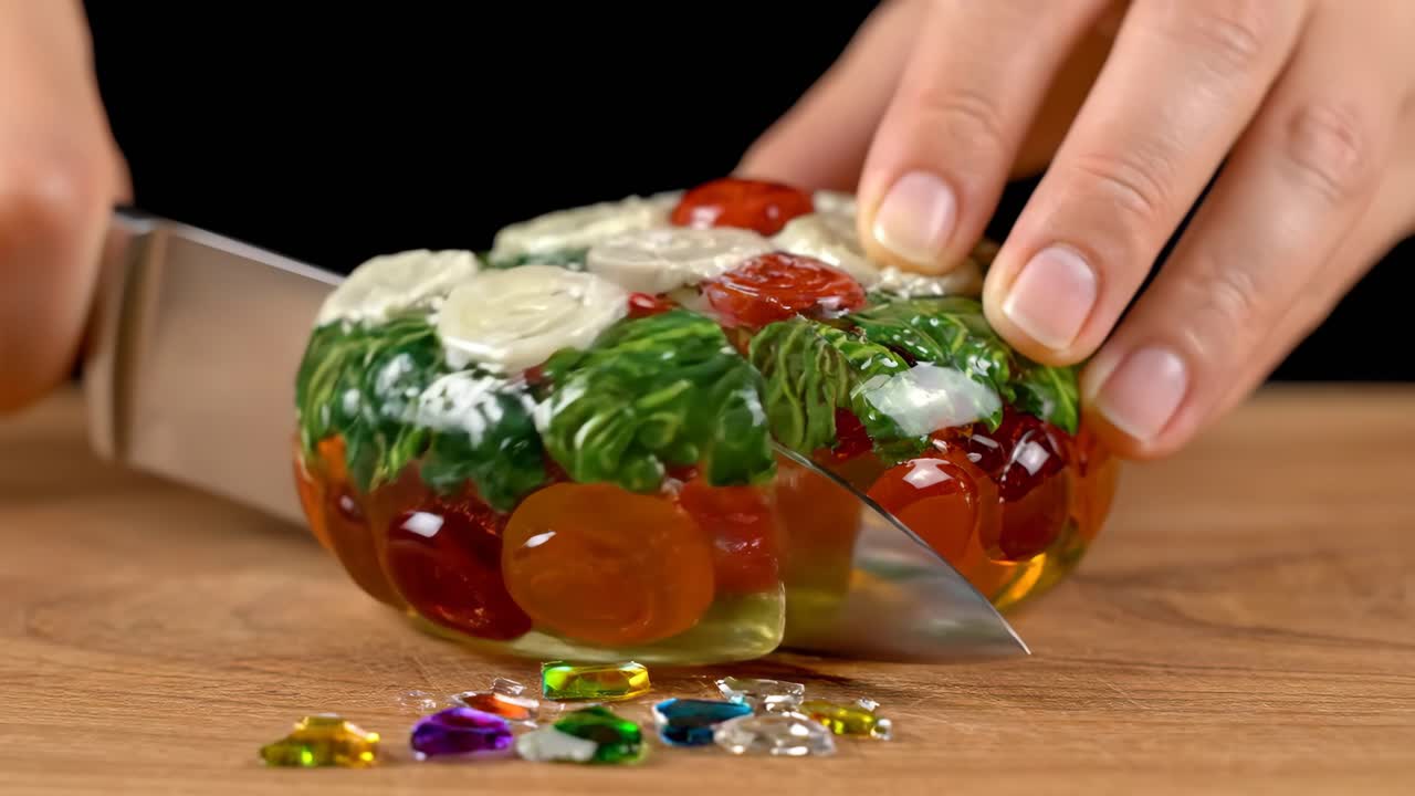 Close-up of a person cutting a jelly cake