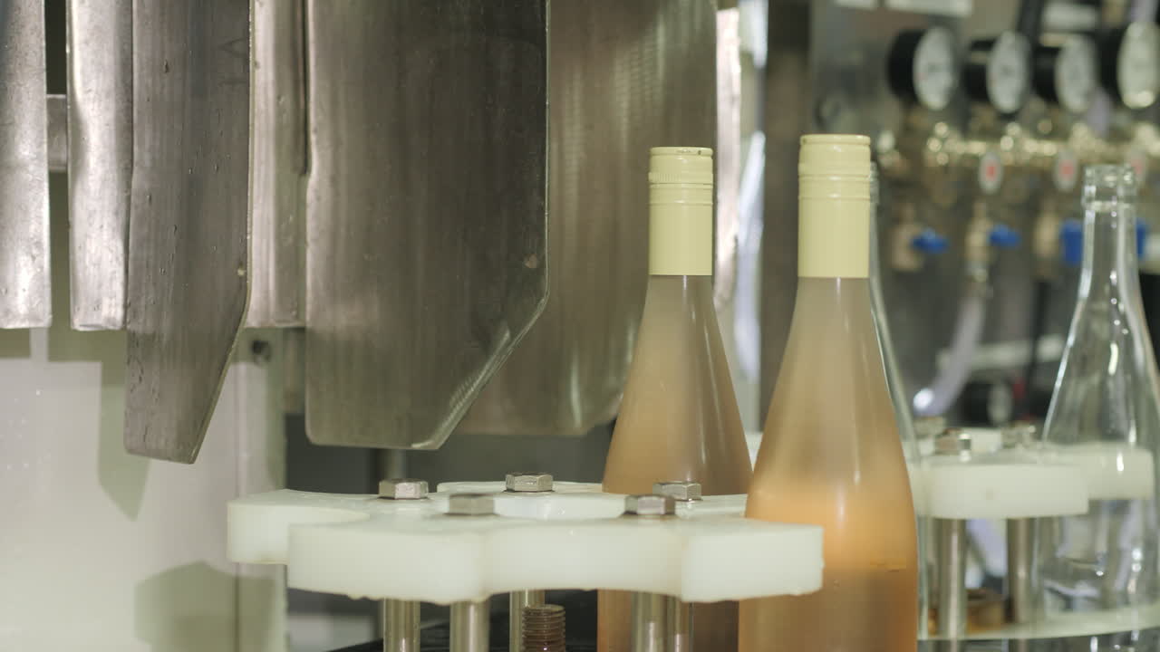 컨베이어를 따라 물로 세척되는 차로 이동하는 와인 병