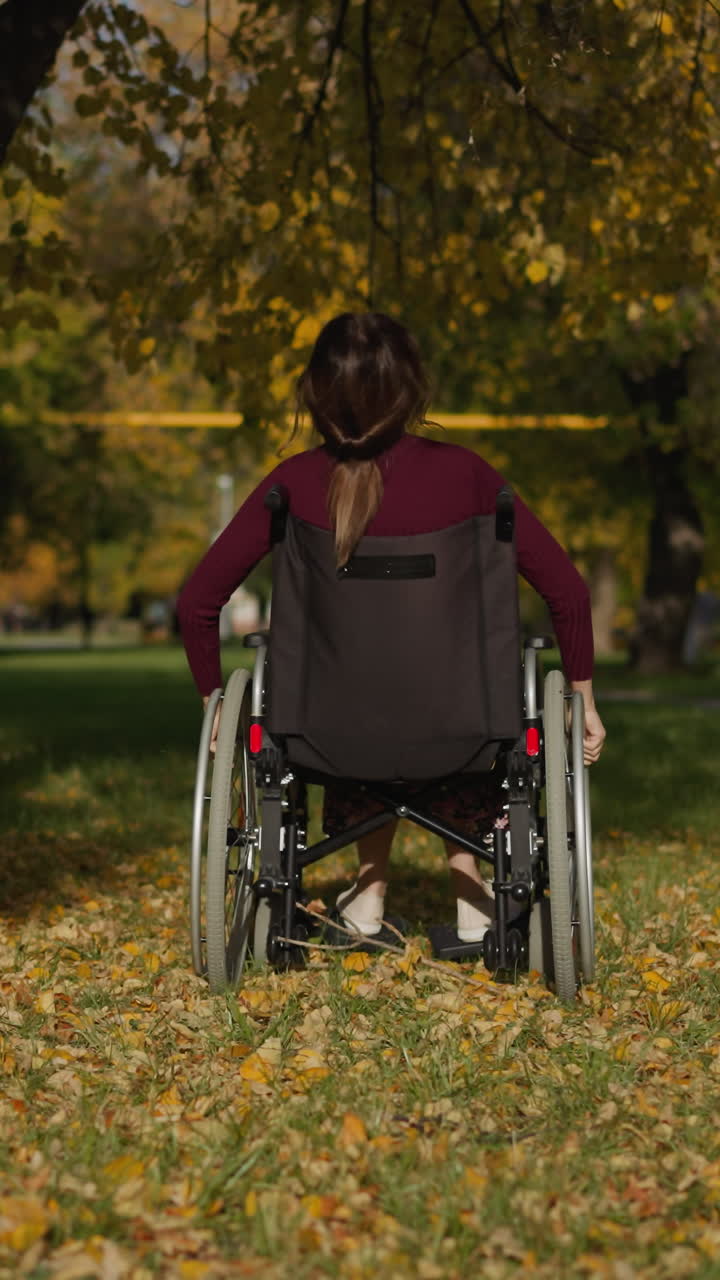 una mujer joven con lesión en la médula espinal descansa en el parque sentada en silla de ruedas bajo un árbol.