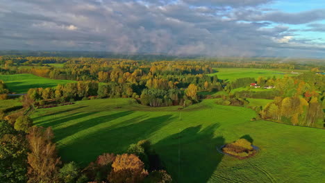 green countryside of verdant landscape. aerial forward