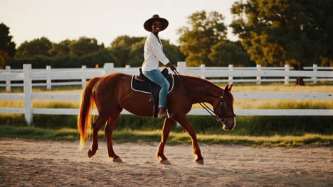 a smiling woman riding a horse in an outdoor equestrian setting