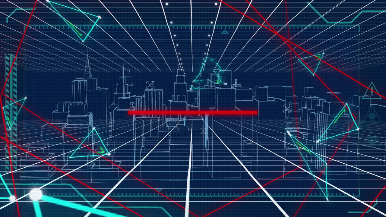 파란색 배경에 있는 도시의 3차원 건축 모델 위에  ⁇ 박이는 삼각형