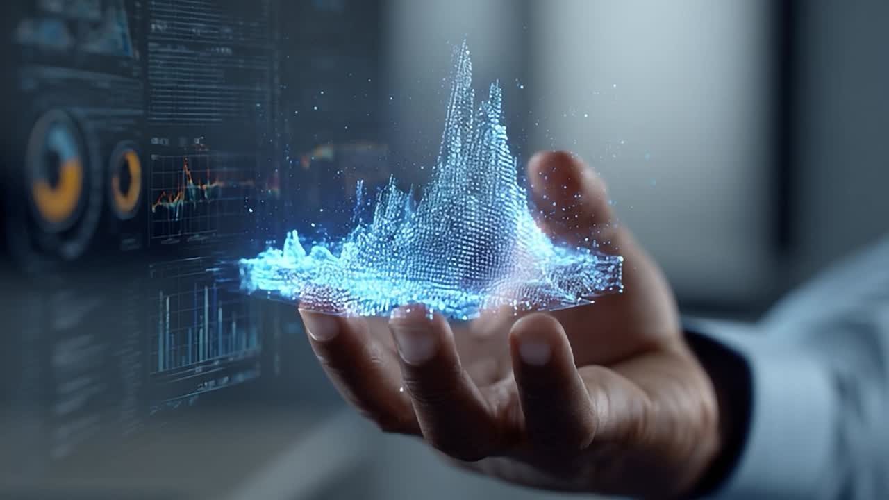 Modern hand displaying holographic data visualization in an office setting