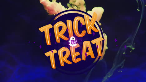 animazione di testo trick or treat e fantasma sullo sfondo di fumo arancione