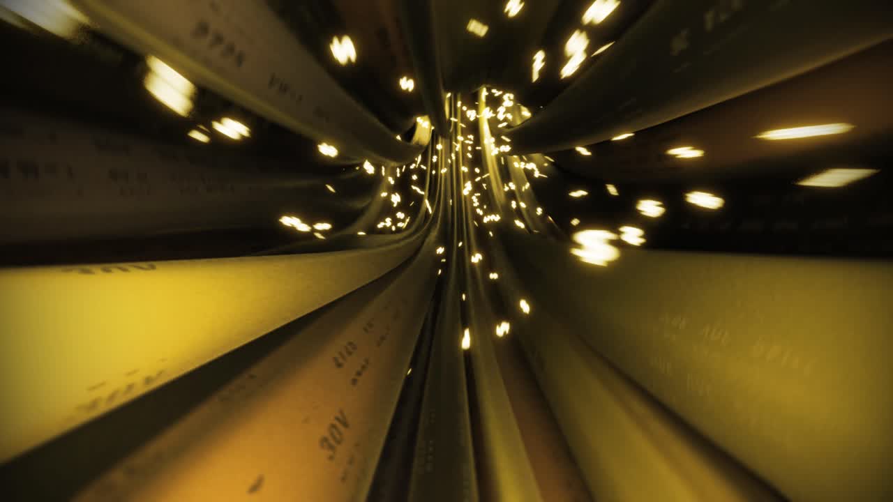 Wires cables dollar sign fly through data internet power circuit fiber 4k