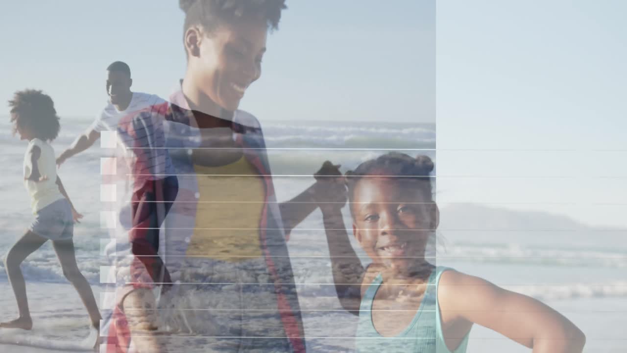 animación de formas sobre una familia afroamericana en la playa