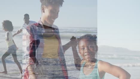 Animation-of-shapes-over-african-american-family-at-beach