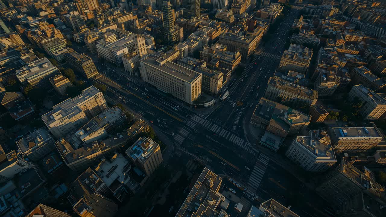 Piloto accionando un dron que avanza y se inclina sobre una intersección de la ciudad con el sol bajo, mostrando los pasos de peatones