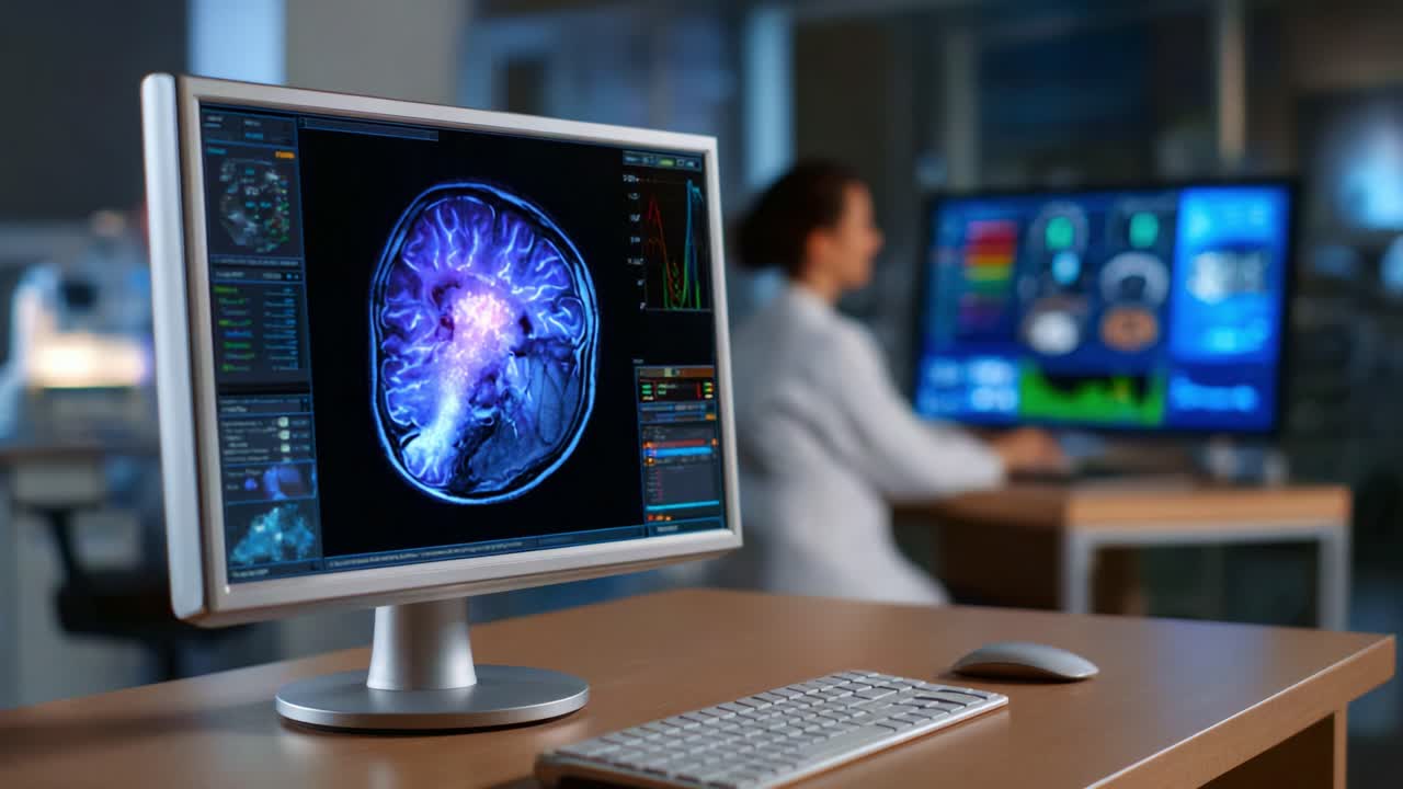 Tecnologia avanzata di imaging cerebrale: analisi di dati neurali su schermi di computer in un moderno ambiente di laboratorio con professionisti sanitari impegnati
