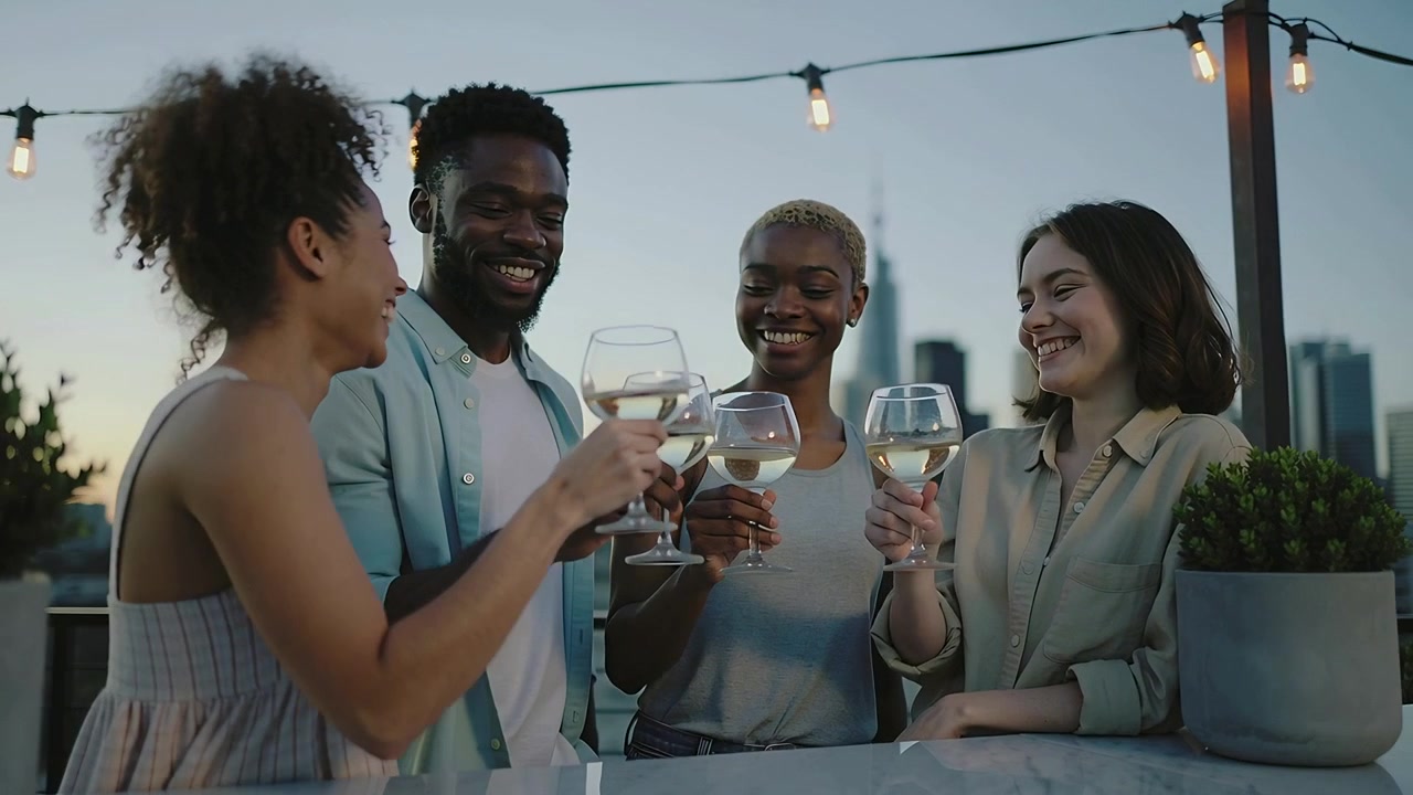 Clinking 4 casual friends celebrating on rooftop at dusk, holding wine glasses under string lights