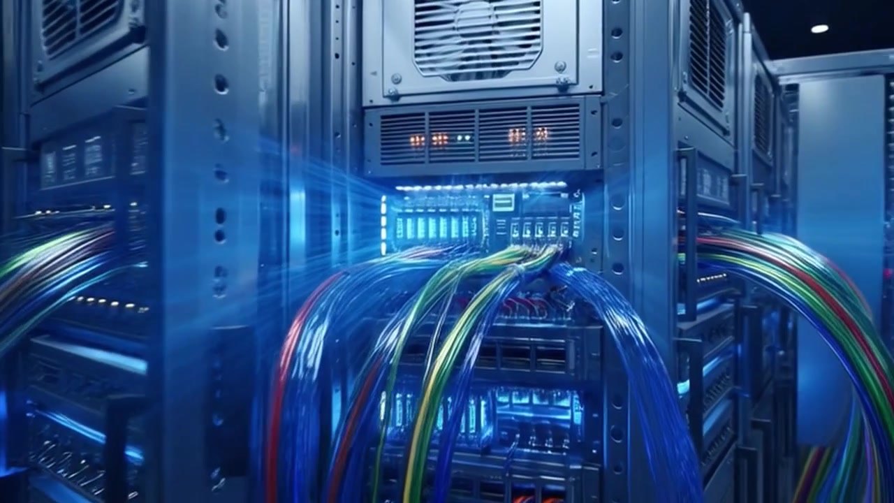 Data Center Server Racks with Glowing Fiber Optic Cables