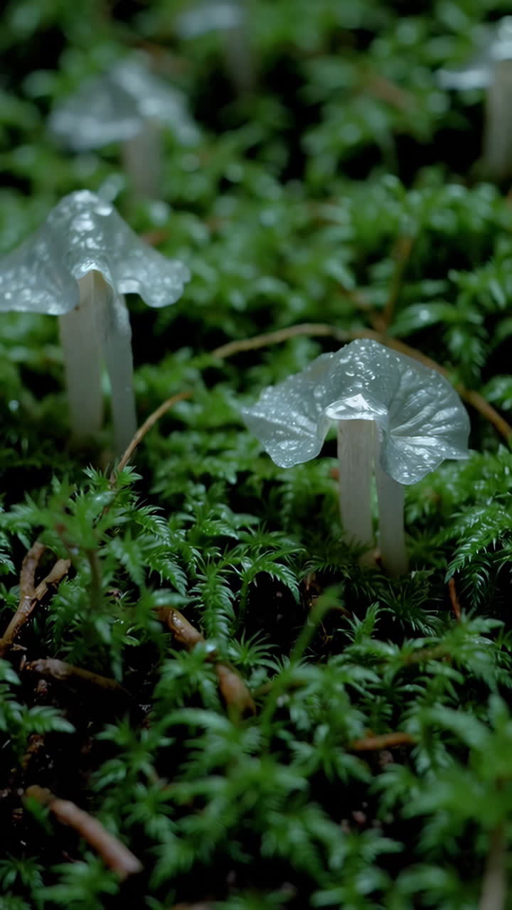 Funghi traslucidi che crescono nel muschio verde