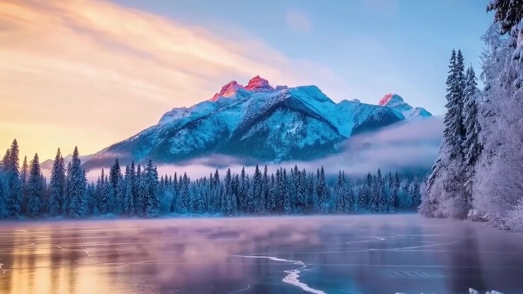 Alba mozzafiato su un lago ghiacciato e una catena montuosa innevata