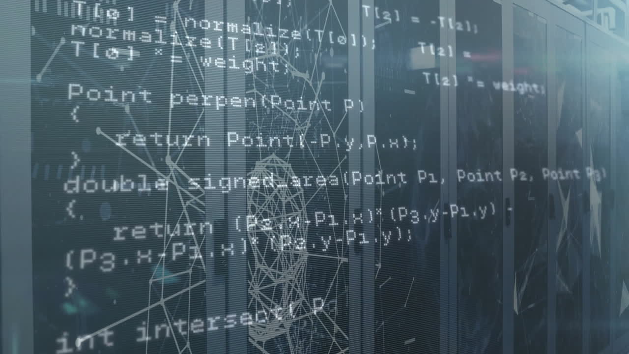 Computer code and geometric shapes animation over digital interface background