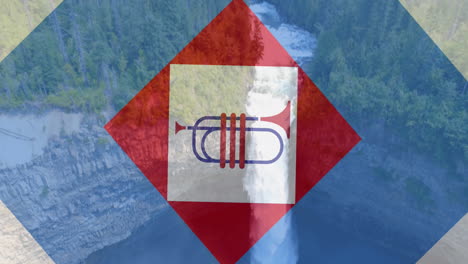 animación de cuadrados y trompeta en rojo, blanco y azul de la bandera de américa sobre el bosque y la cascada