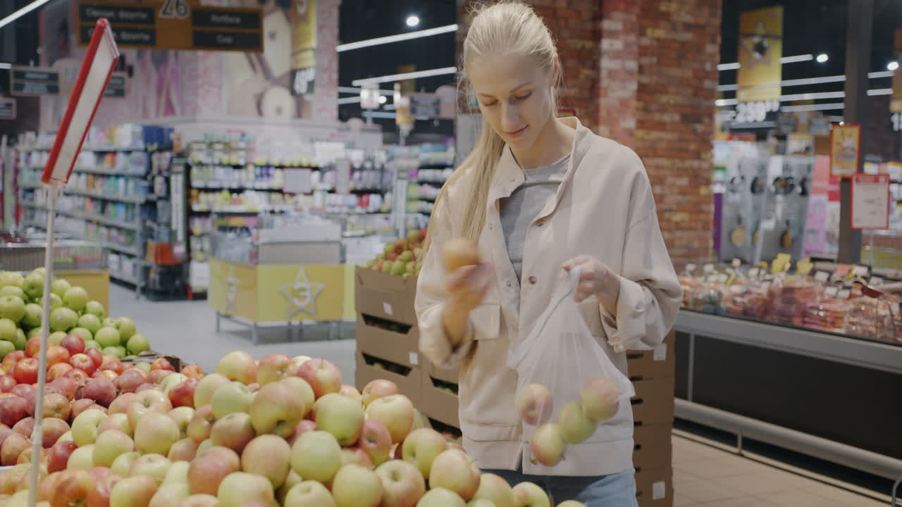 Woman shopping for apples at a supermarket