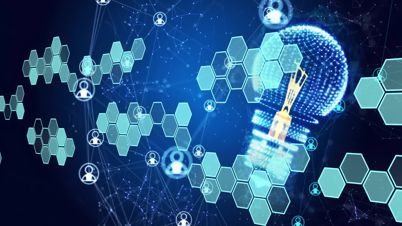 블루에서 전구와 네트워크 위의 요소 구조와 아이콘의 애니메이션