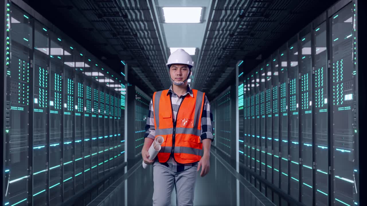 Front View of Asian Male Engineer Holding Blueprint While Walking in Server Room Data Center