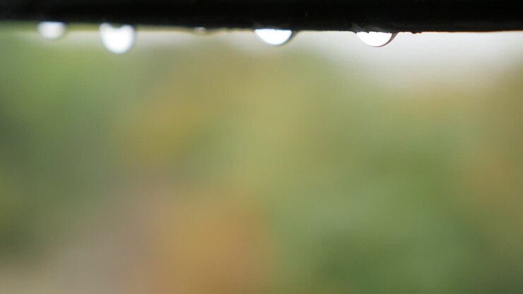 Rain falling outdoor and from the rooftop in the row close-up natural 4K
