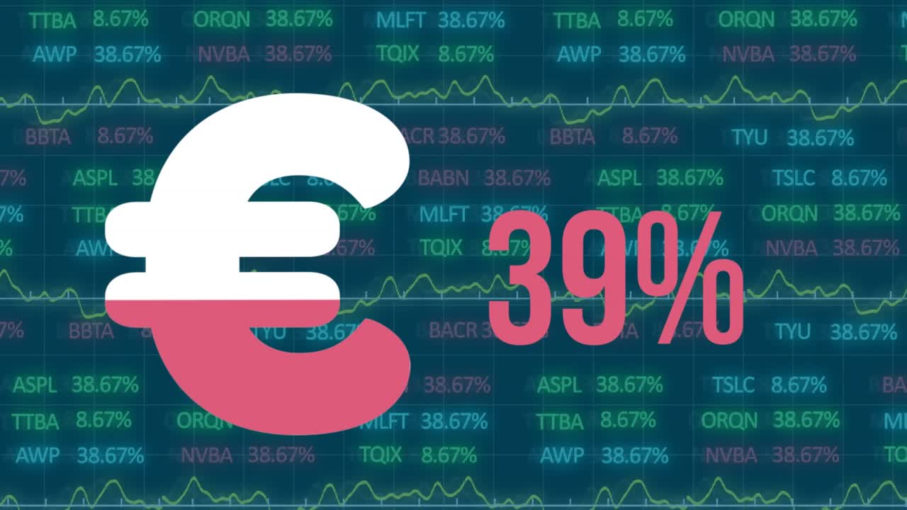 Animazione del simbolo dell'euro, percentuale ed elaborazione di dati finanziari