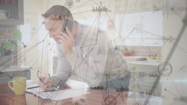 Network of connections and data processing against man talking on smartphone