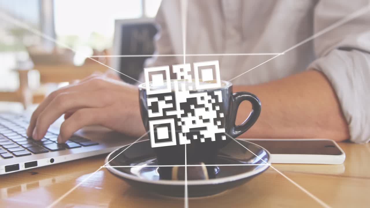 Man in tech typing at cafe table, animated QR appearing, glitching, overlaying cup phone keyboard