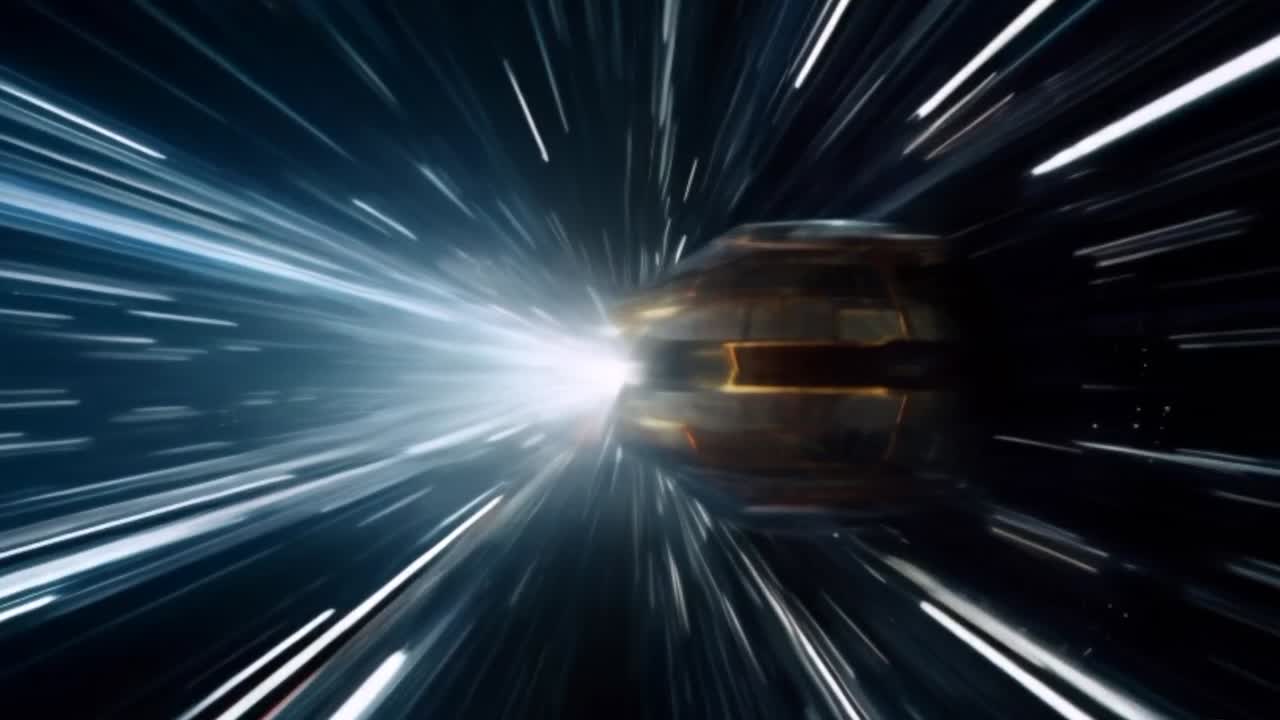 Spaceship traveling through outer space at the speed of light
