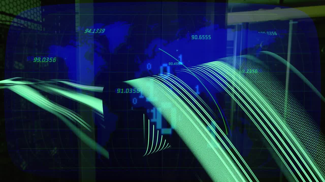 Animation of waves and numbers over world map and servers