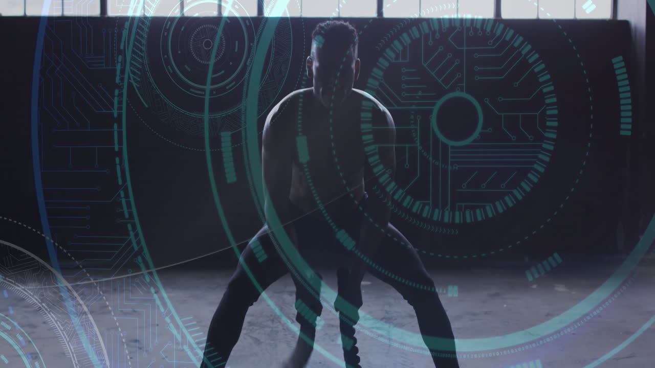 animación de conexiones de microprocesador sobre un hombre haciendo ejercicio con cuerdas